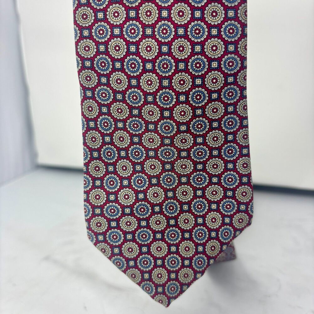 Mallory & Church Necktie 100% Silk Red & Blue Foulard Pattern